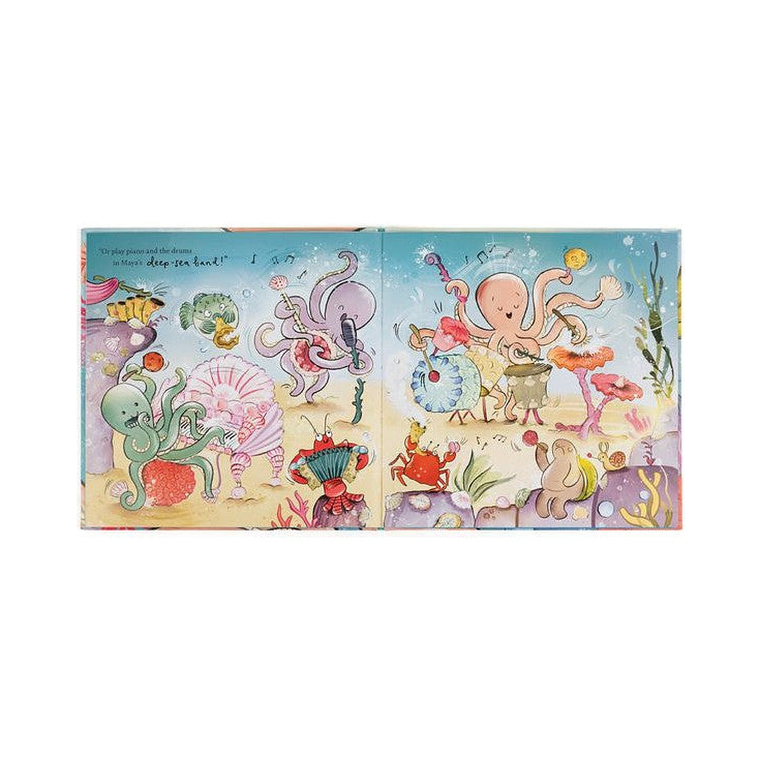 Książeczka Jellycat „Odell’s Amazing Arms” – rozkładówka z Odell w podwodnej orkiestrze