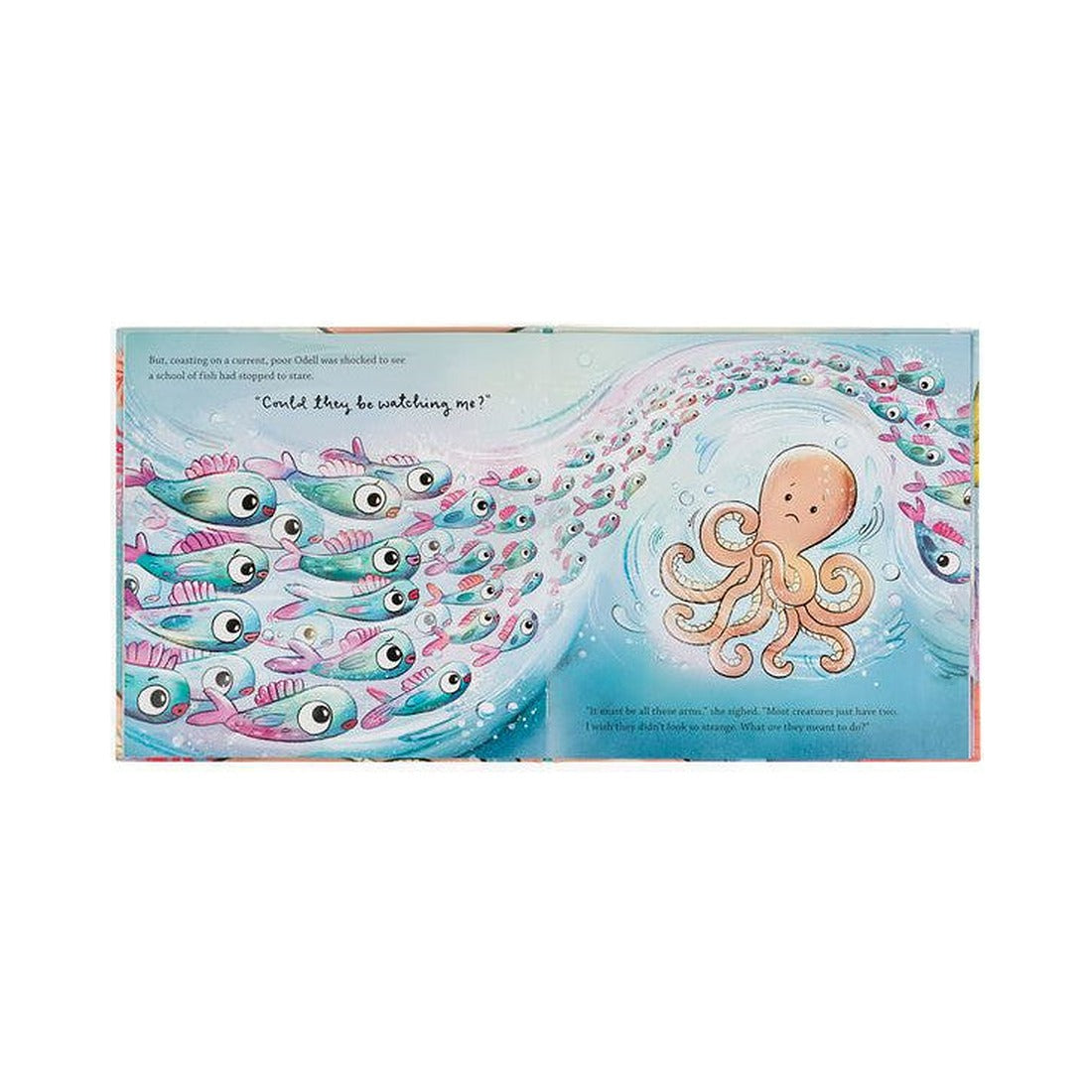 Książeczka Jellycat „Odell’s Amazing Arms” – rozkładówka z ośmiornicą Odell i ławicą rybek