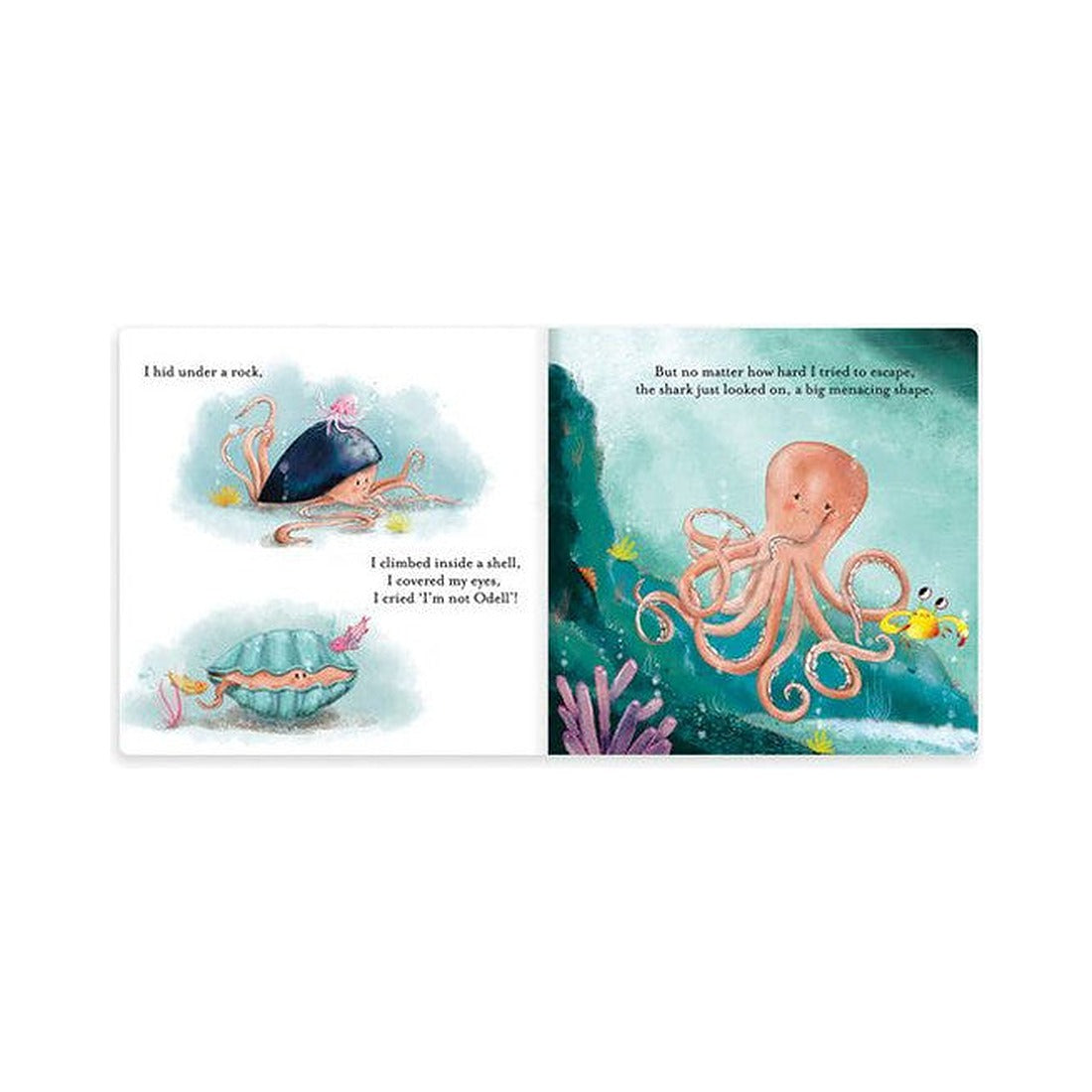 Książeczka Jellycat „The Fearless Octopus” – rozkładówka z ośmiornicą chowającą się pod kamieniem i w muszli