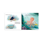Książeczka Jellycat „The Fearless Octopus” – rozkładówka z ośmiornicą chowającą się pod kamieniem i w muszli