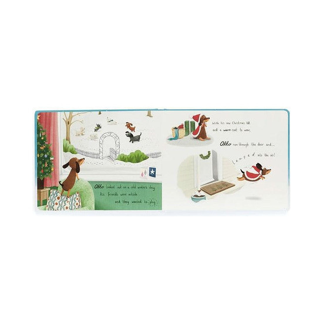Książeczka Jellycat „Otto’s Snowy Christmas” – rozkładówka z Otto przy oknie i w świątecznym stroju