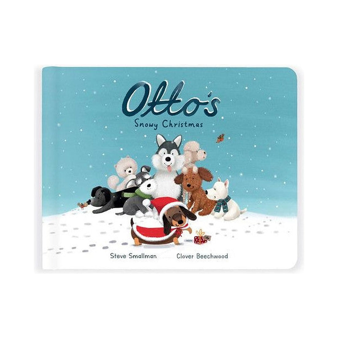 Książeczka Jellycat „Otto’s Snowy Christmas” (wydanie angielskie) – okładka z jamnikiem Otto w czerwonym płaszczyku wśród psiaków na śniegu
