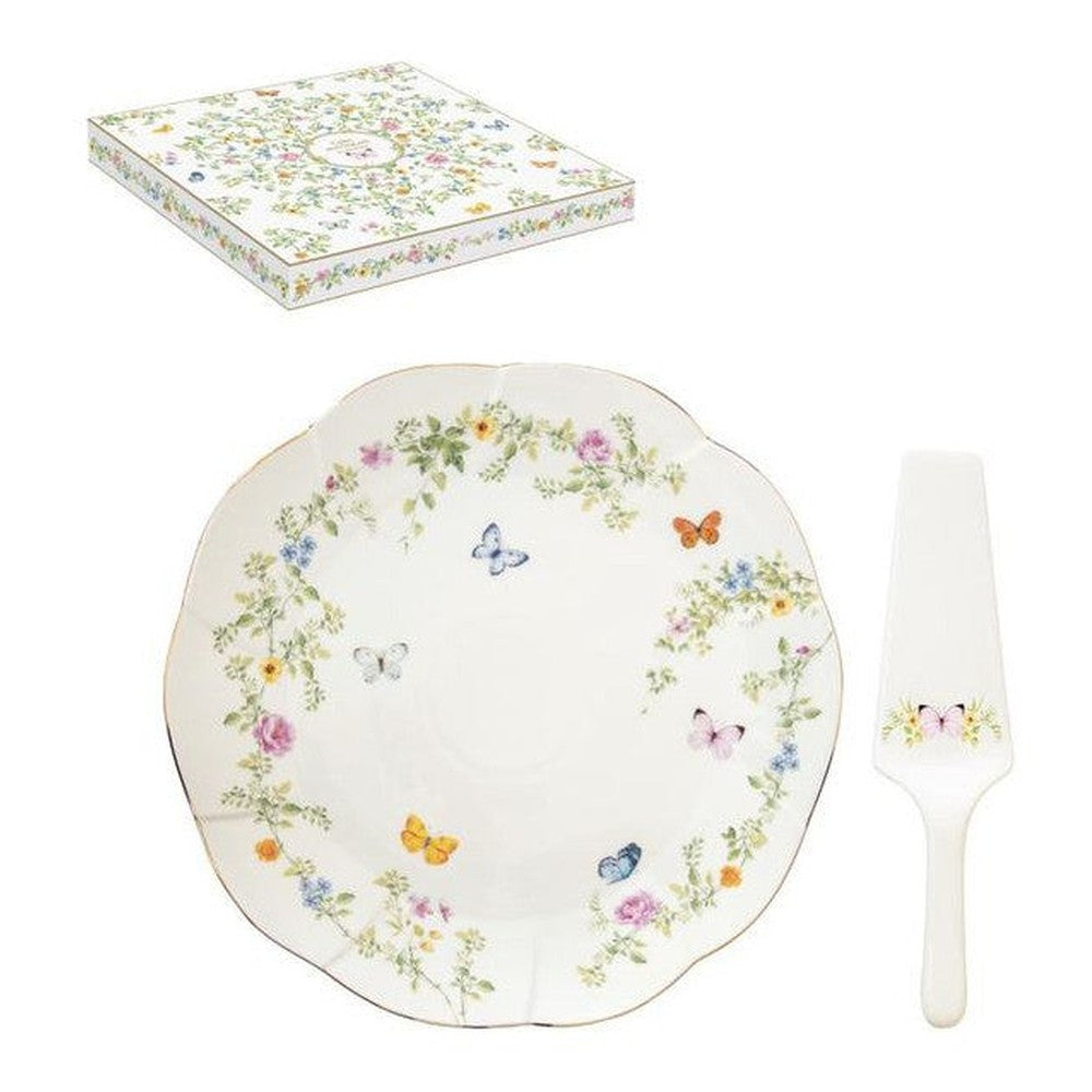 Patera na ciasto z łopatką Tańczące motyle Easy Life – porcelana, 32 cm