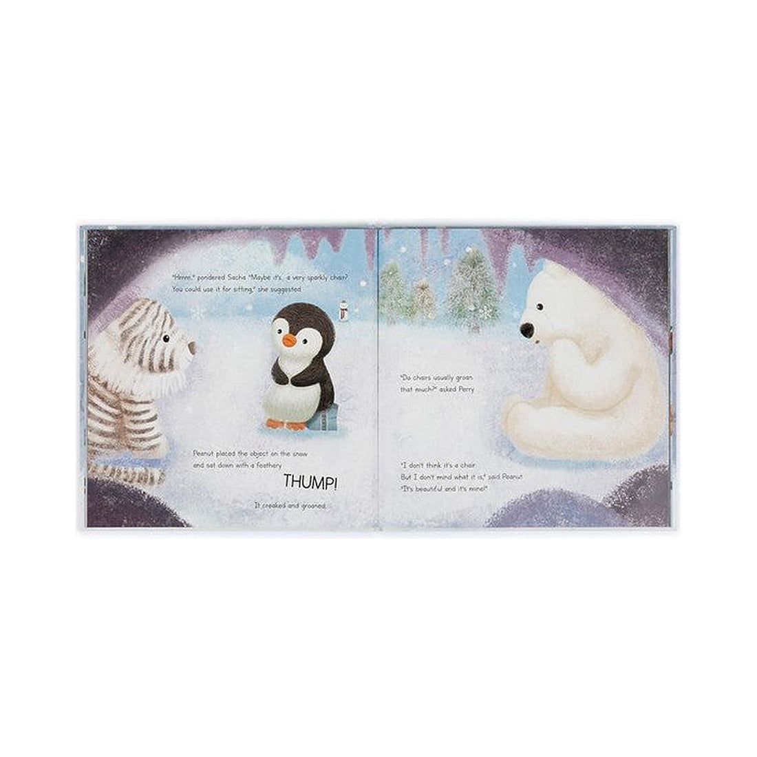 Książeczka Jellycat „Peanut Penguin’s Perfect Present” – rozkładówka z pingwinką Peanut i przyjaciółmi