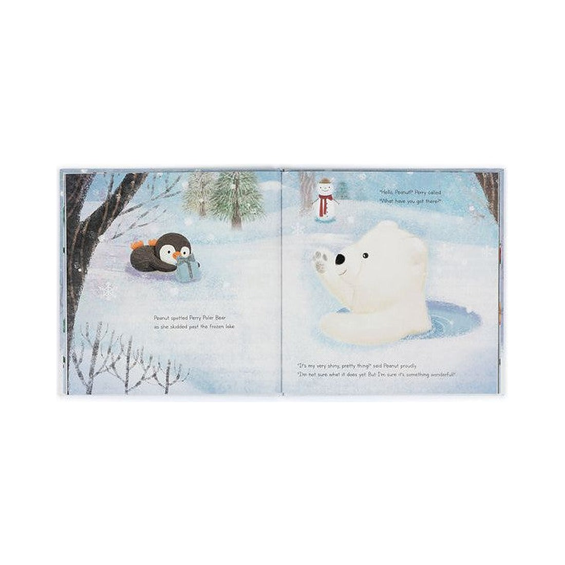 Książeczka Jellycat „Peanut Penguin’s Perfect Present” – rozkładówka z pingwinką Peanut i niedźwiedziem polarnym nad zamarzniętym jeziorem
