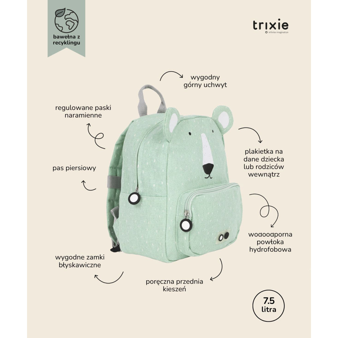 Plecak Miś Polarny Trixie – bawełniany, 31 × 23 × 10 cm – zdjęcie 5