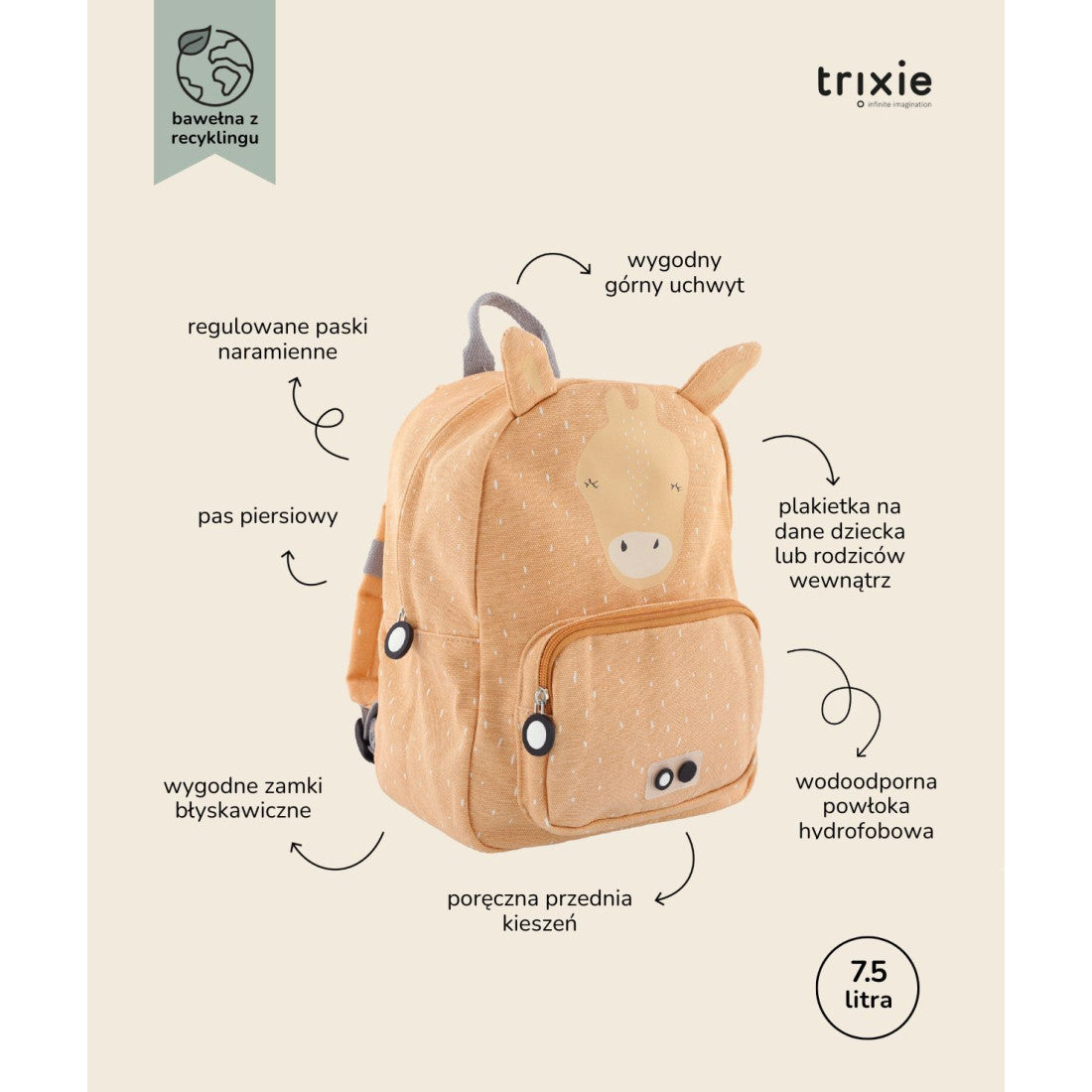 Plecak Żyrafa Trixie – bawełniany, 31 × 23 × 10 cm – zdjęcie 4