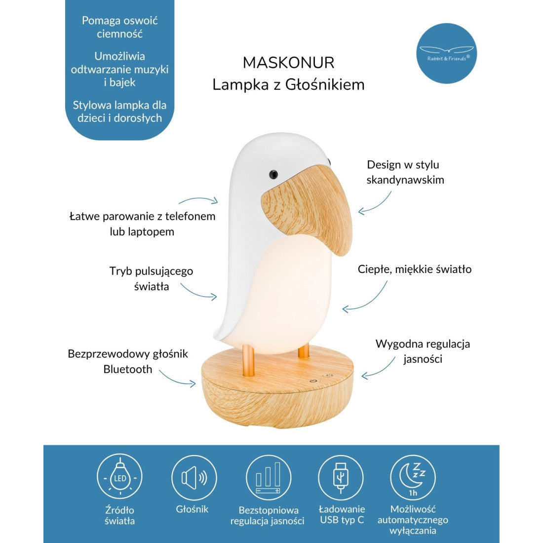 Lampka nocna Maskonur z głośnikiem Rabbit & Friends – biała – zdjęcie 8