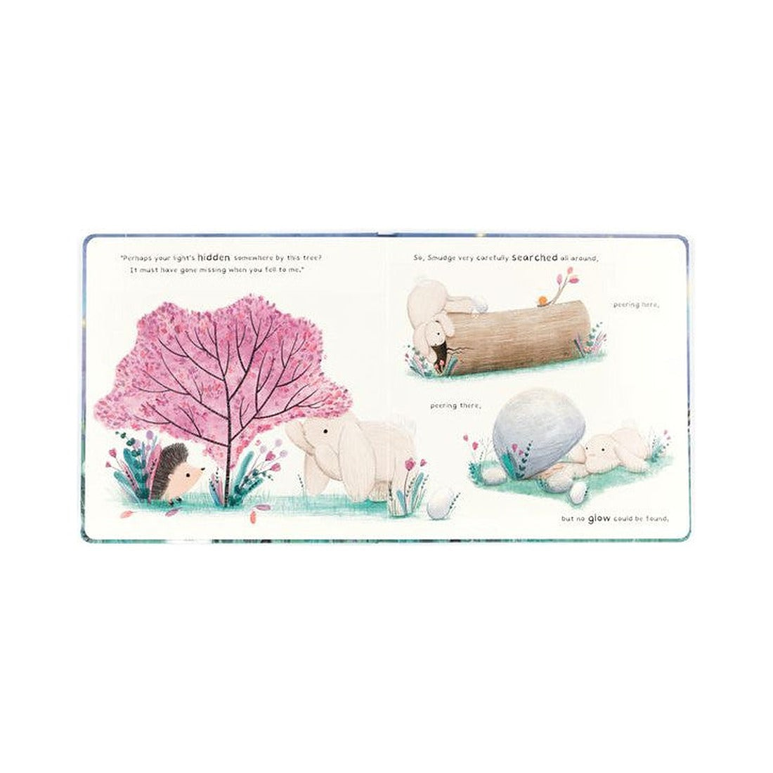 Książeczka Jellycat „Smudge Rabbit and the Falling Star” – rozkładówka z króliczkiem Smudge pod kwitnącym drzewem