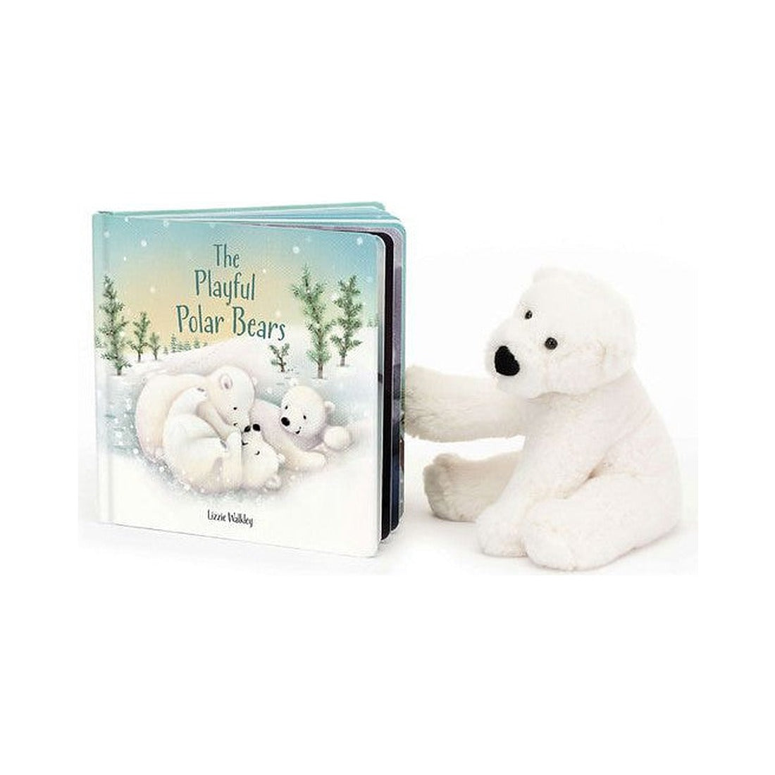 Książeczka Jellycat „The Playful Polar Bears” – obok pluszowy niedźwiedź polarny, który nie wchodzi w skład produktu