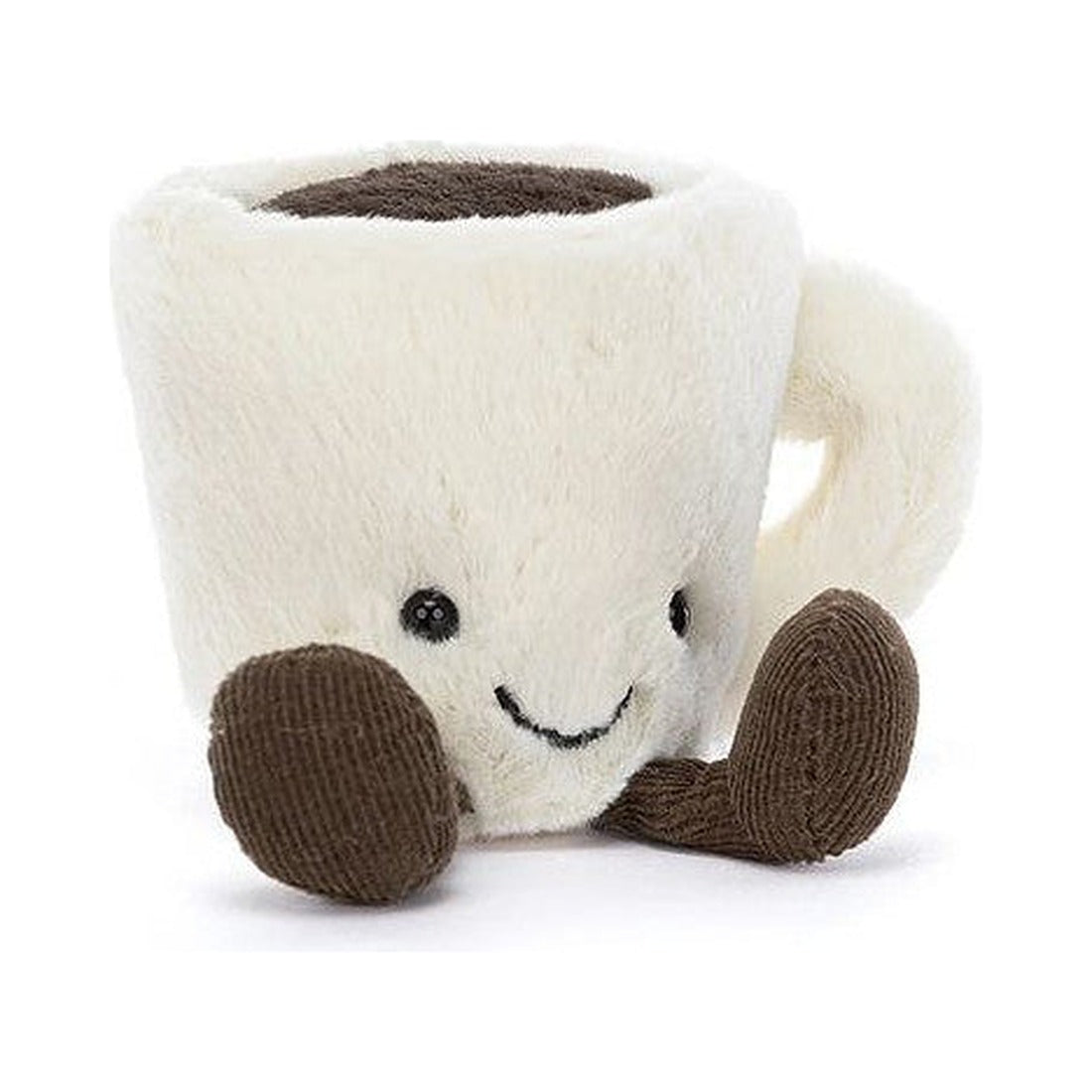 Maskotka Jellycat Filiżanka Espresso 10 cm z przodu – kremowa filiżanka z uśmiechem i sztruksowymi nóżkami
