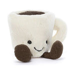 Maskotka Jellycat Filiżanka Espresso 10 cm z przodu – kremowa filiżanka z uśmiechem i sztruksowymi nóżkami