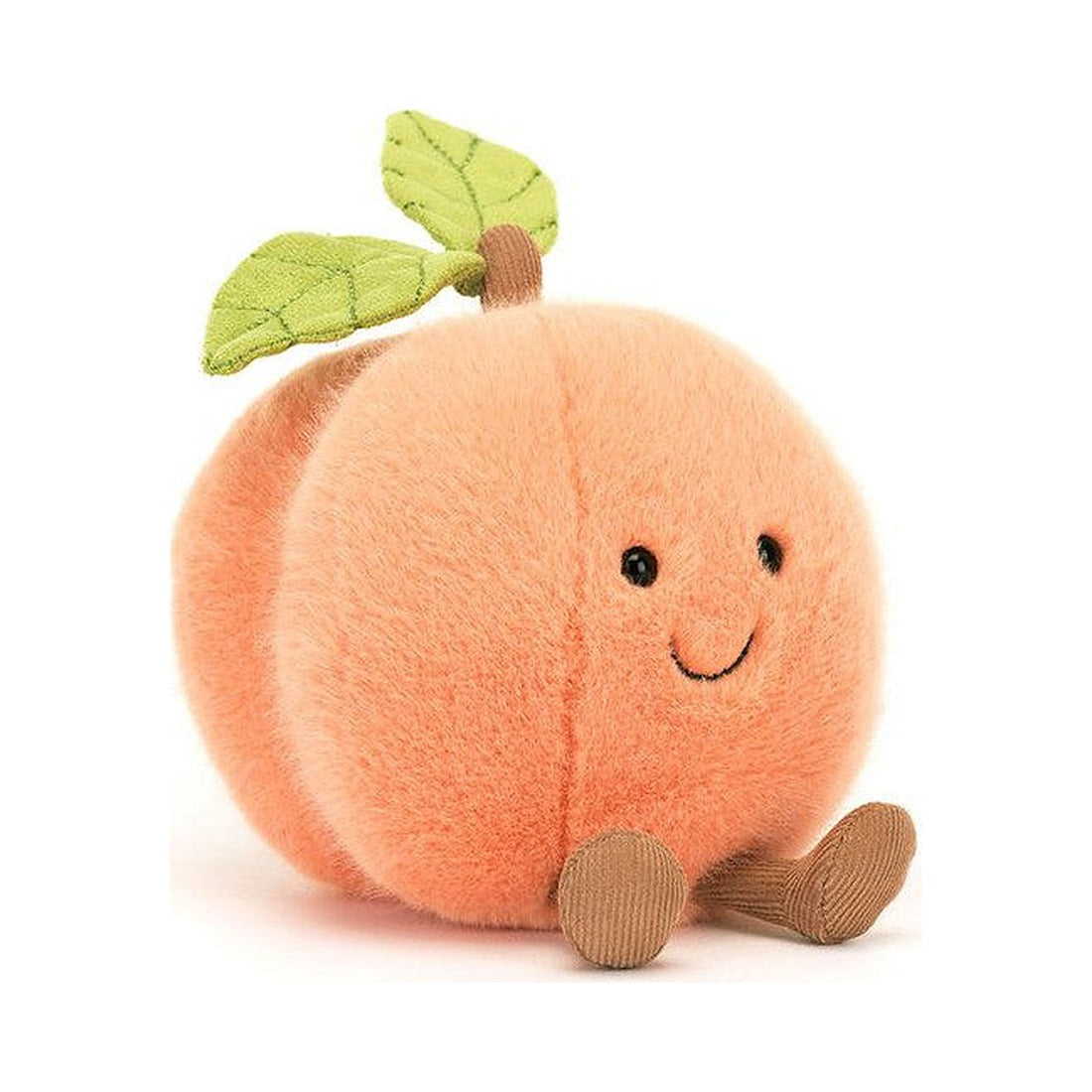 Maskotka Jellycat Brzoskwinia 14 cm z przodu – morelowe futerko, zielone listki i sztruksowe nóżki
