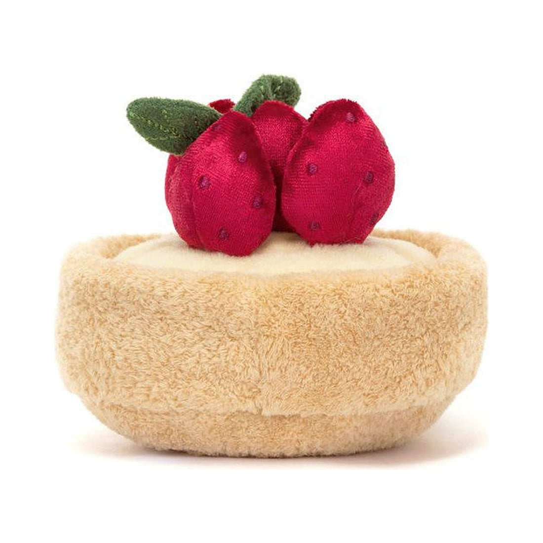 Pluszowa tarta truskawkowa Jellycat od tyłu – truskawki z zielonymi listkami
