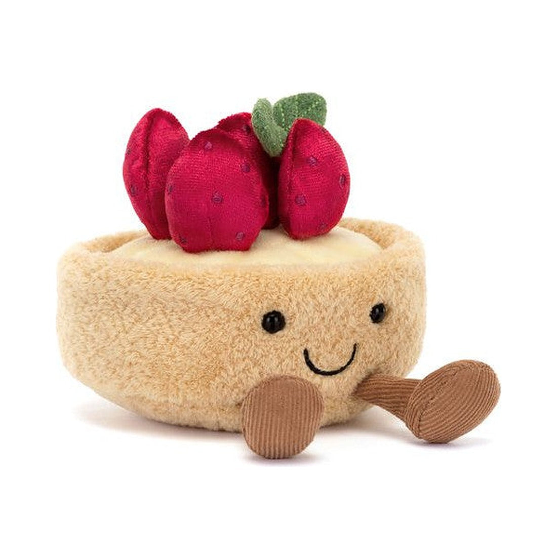 Maskotka Jellycat Tarta Truskawkowa 11 cm – biszkoptowy spód, krem, czerwone truskawki i sztruksowe nóżki