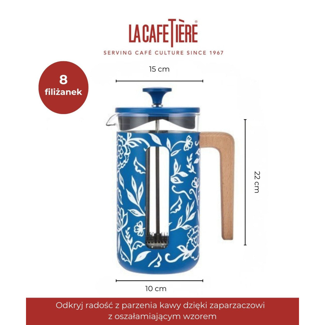 Zaparzacz do kawy French Press Pisa La Cafetière – Blu Fiorato, 8 filiżanek – zdjęcie 7